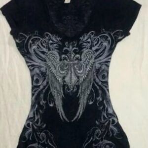 Miss Me Black Top with Silver Angel Wings Design